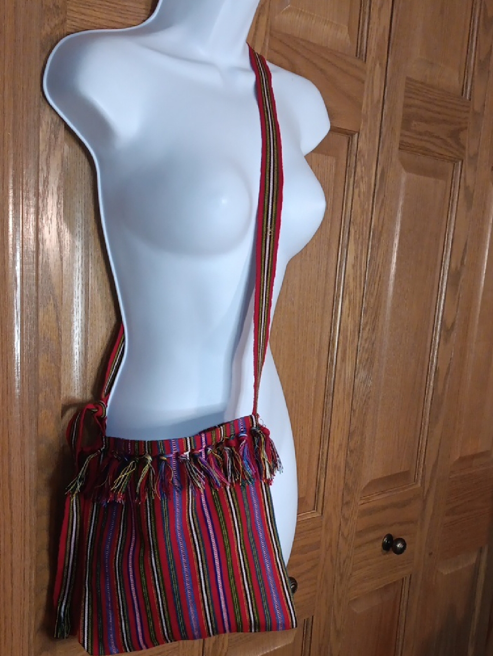 #42 Boho Multicolor Stripe Fringe Crossbody Bag - Red Accent